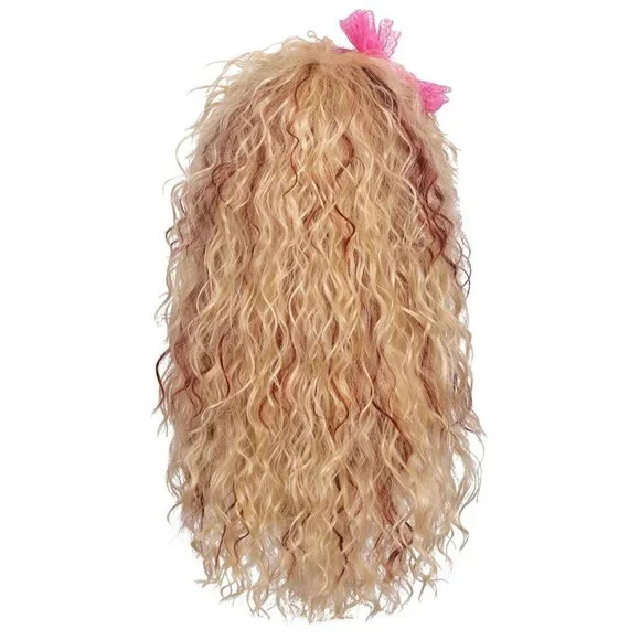Women Long Curly Blonde Reddish Brown 80s Cosplay Wig with Lace Headband Earring